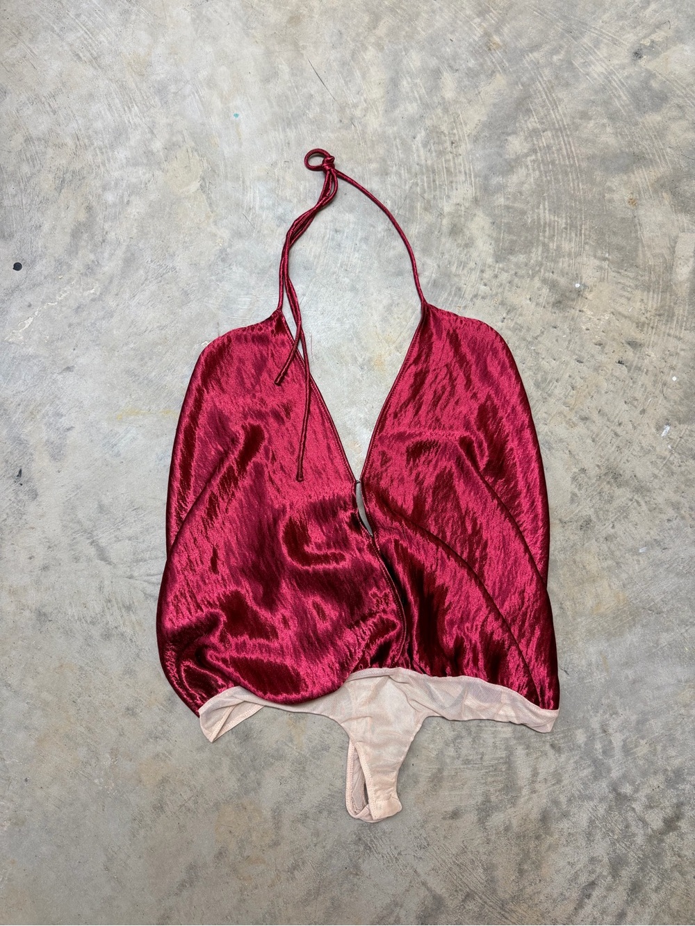 Satin Plunge Halter Bandeau Bodysuit in Burgundy with Cream Trim